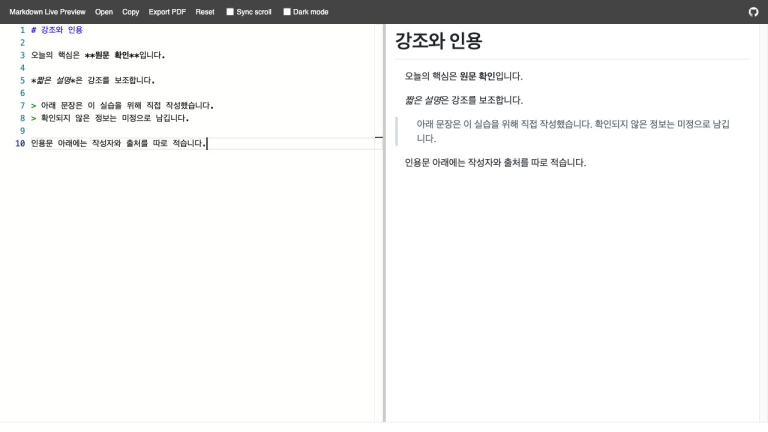 원문 확인의 굵은 강조, 짧은 설명의 기울임, 직접 작성한 문장의 인용 블록을 확인한 실제 화면입니다.